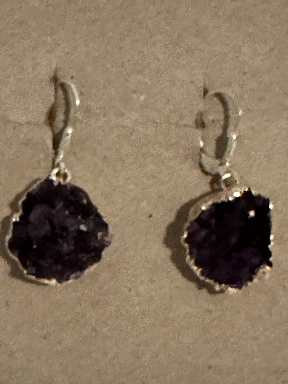 Purple Druzy-Style Stone Drop Earrings – Silver Tone Handmade Craft Show Jewelry